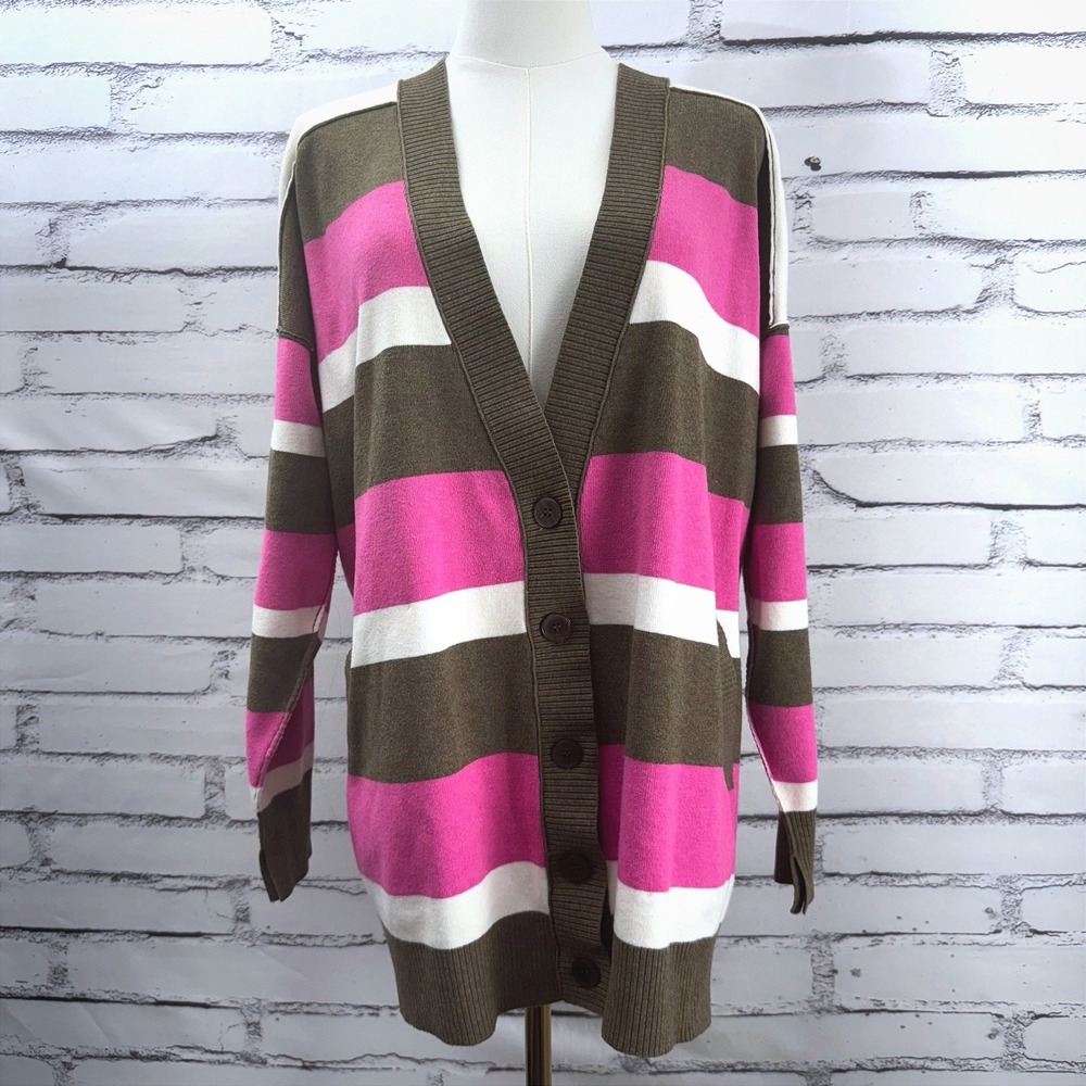 Free People Striped Cardigan Sweater Pink dark brown Cream Button Front Small
